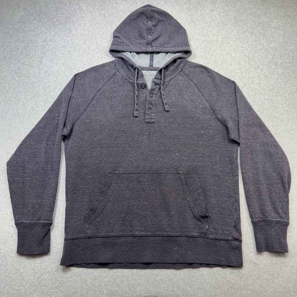 LL Bean Henley Hoodie Mens Medium Gray Pullover Knit Pocket Slightly Fitted